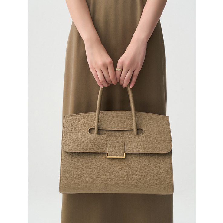 Womens Leather Handbag Large Capacity Textured Top Handle Tote with Gold Buckle